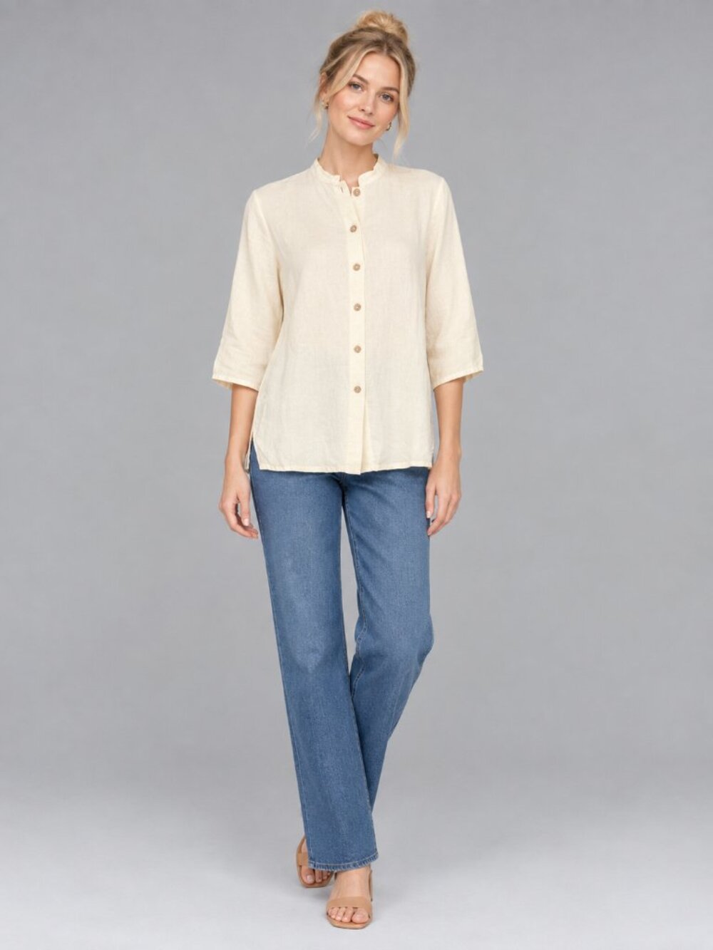 J. Jill Linen Button-up Stand Collar Blouse 3/4 Sleeve Pale Yellow 2X #A4599